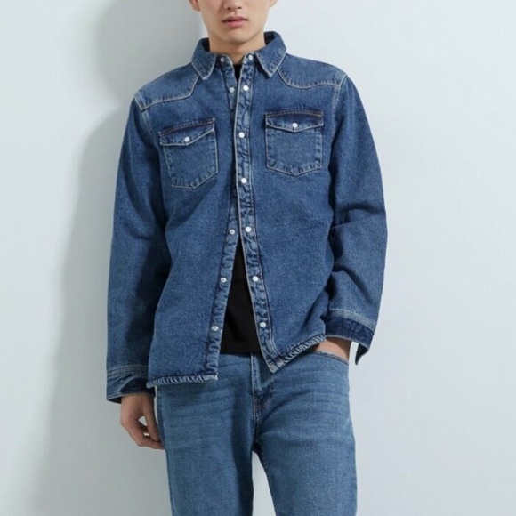 Zara Men’s Denim Trucker Jacket Fleece Jean lined mid wash Relaxed fit XL - Picture 15 of 16